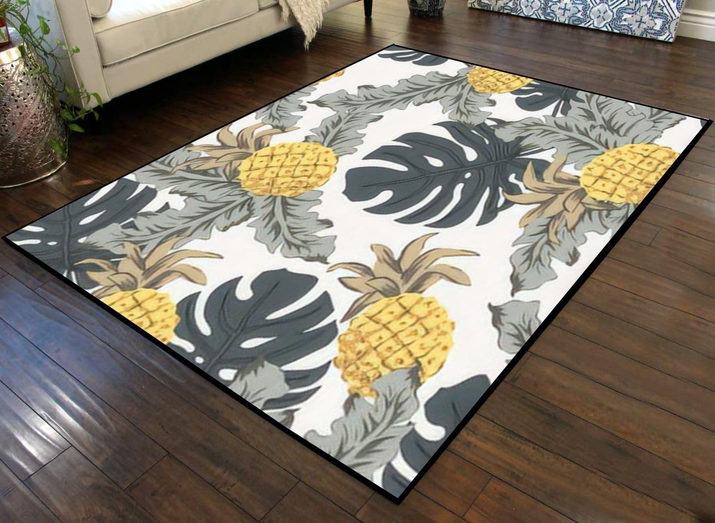 Large Area Rug Tropical Yellow Pineapples Gray Palm Leaves