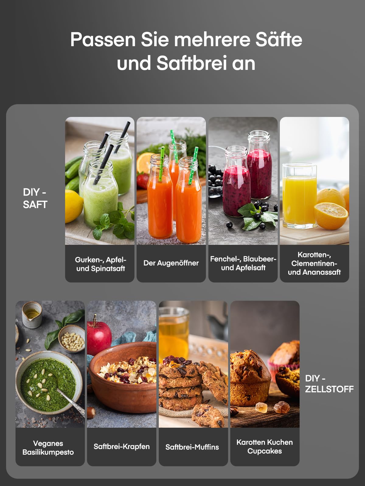 JUILIST Entsafter Gemüse und Obst, 65 mm Einfüllschacht, 3 Einstellungen, Mit Reinigungsbürste, Leicht zu Reinigen, Schwarz