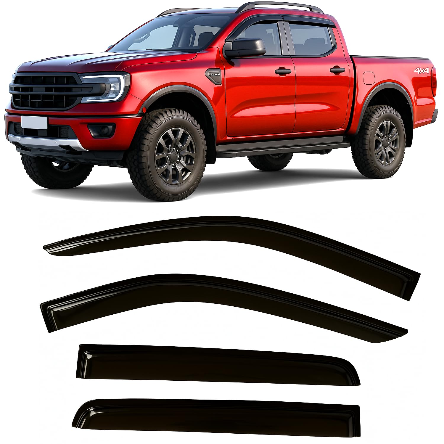 2024-2026 Tape-On Rain Guards for Ford Ranger Side Window Visor Deflectors XL XLT Lariat Raptor Tinted Shades 2025