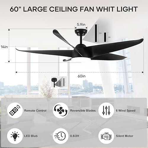 Miniatura 2 de Black Outdoor Ceiling Fans with Remote and Light, 60 Inch Large Modern Ceiling Fans for Bedroom Living Room, Quiet Reversible DC Motor Ceiling Fans