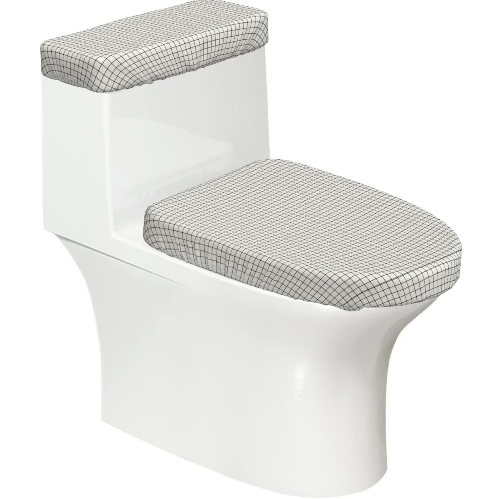 Black White Plaid Elastic Toilet Cover Set of 2-Stretchy Lid and Tank Covers for Bathroom, Soft Washable U Shape Toilet Decor