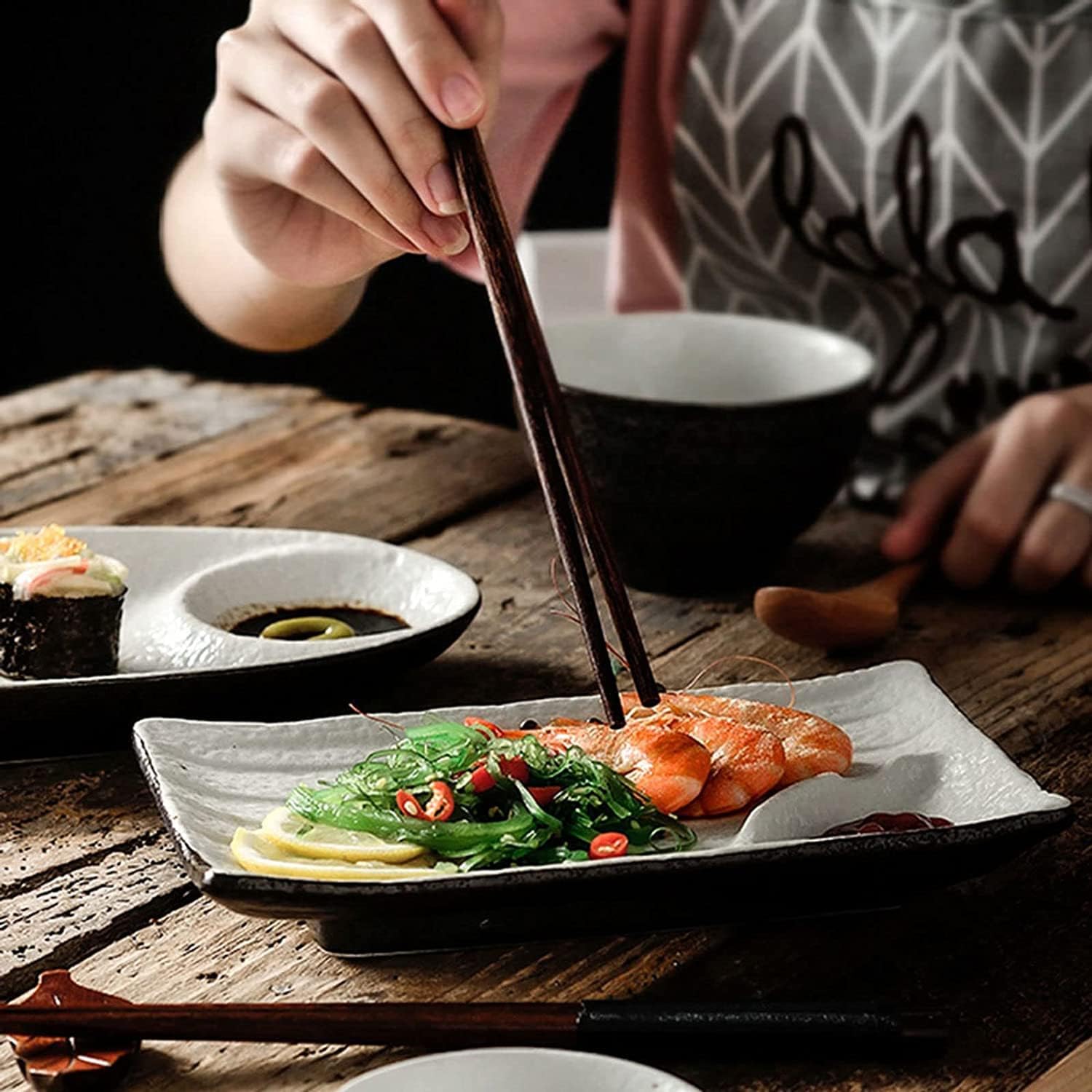 Dumpling plate with sauce dish,Fries Dish,Japanese Style Chip and Dip Bowls, Dip and Chips Serving Dish, Chip Dip Serving Platter, Fits Sushi, Dumpling, Snack-Oval (Size : Rectangular) (Size : Rectan