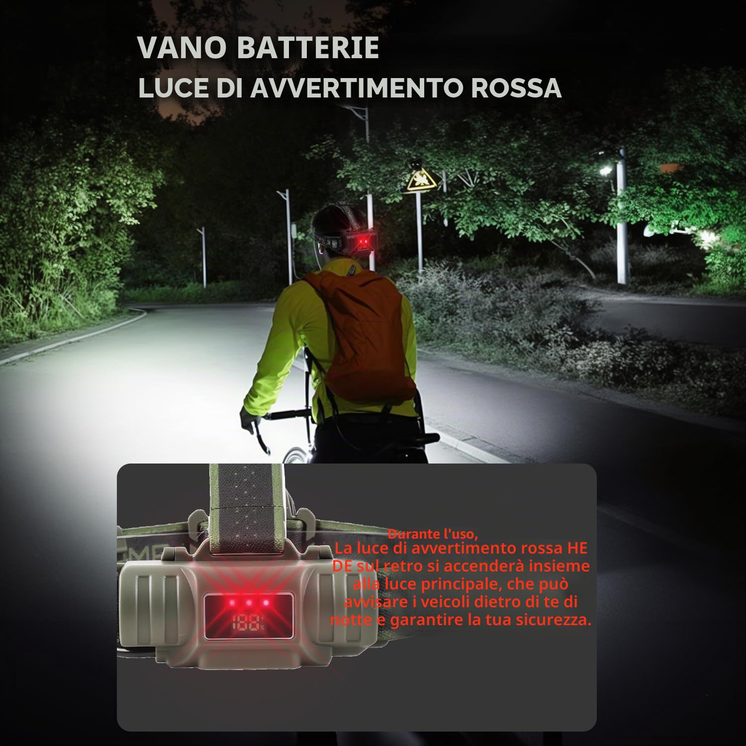 Torcia Frontale LED Ricaricabile con Rossa Avviso e 4 Modalità, 90000 LM Lampada Frontale Ricaricabile 5000mAh, Lampada da testa Leggera Zoomabile IP65 Impermeabile per Campeggio Pesca