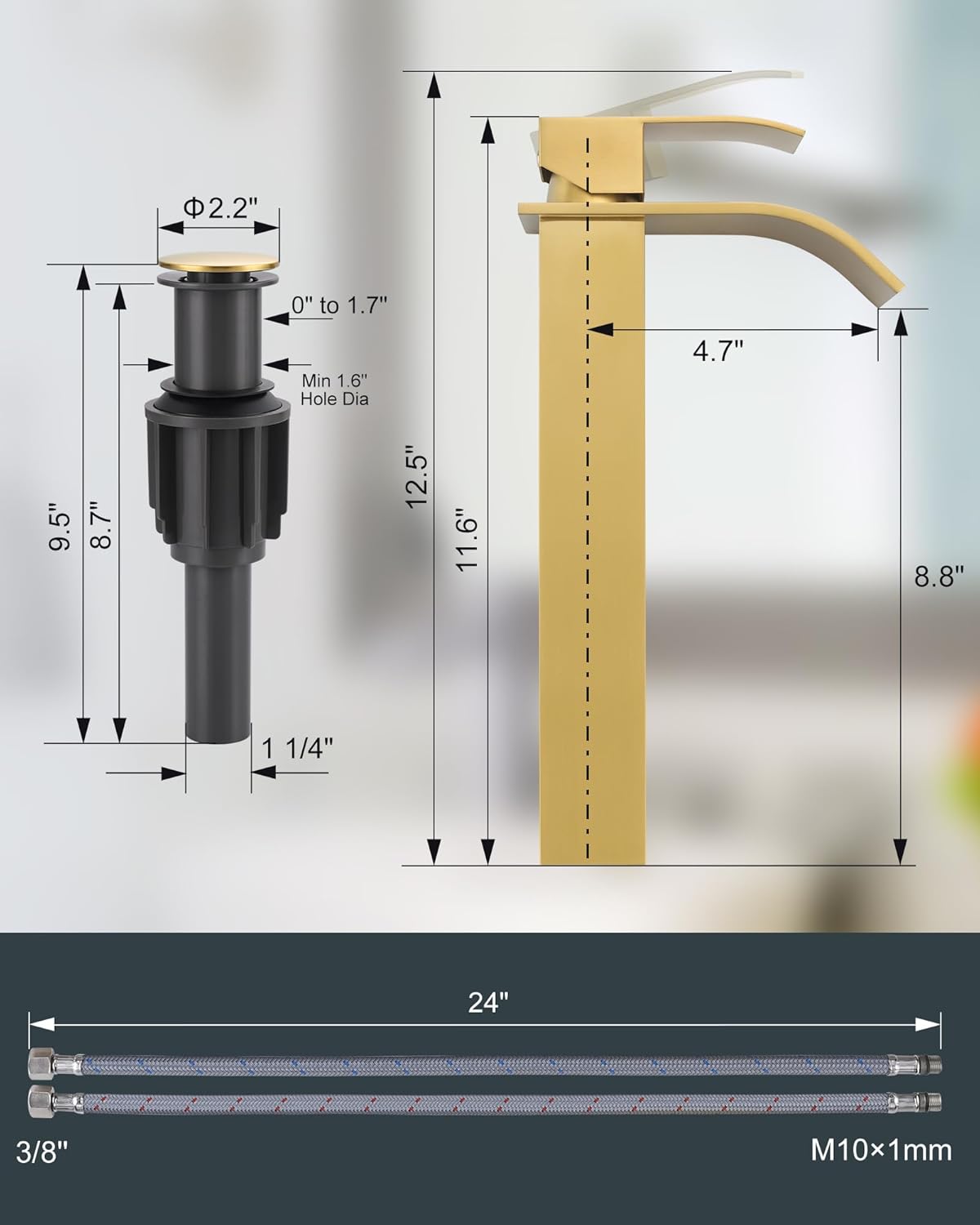 Vessel Sink Faucet Brushed Gold: ARCORA Single Hole Tall Bathroom Faucet, Single Handle Tall Waterfall Bathroom Faucet with Pop Up Drain and cUPC Supply Lines - Image 6