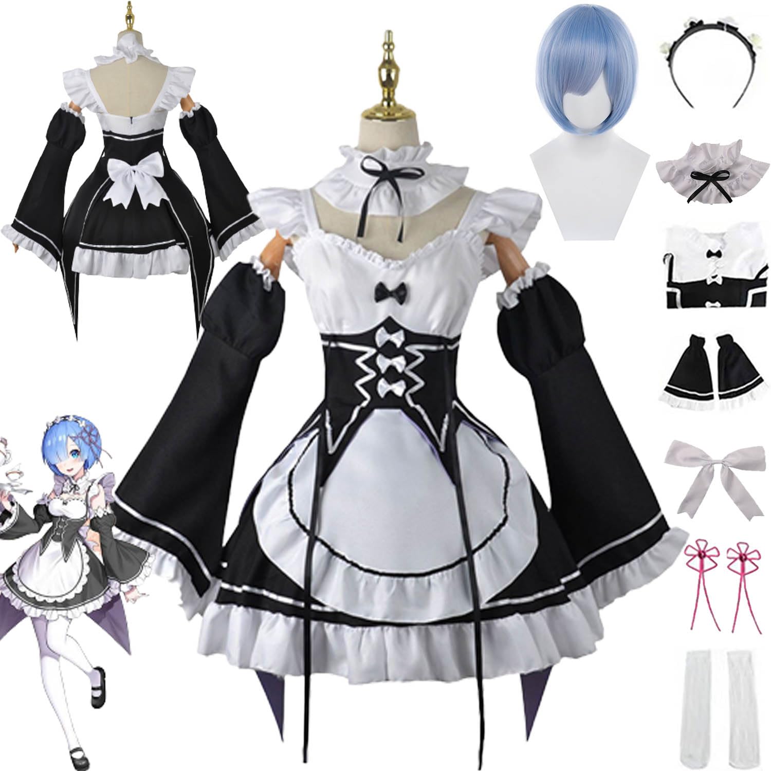 Anime Rem Ram Cosplay Costume Vestito Re Life In A Different World From Zero Gioco di Ruolo Uniforme Set Completo Halloween Carnevale Dress Up Suit con Parrucca per Donne