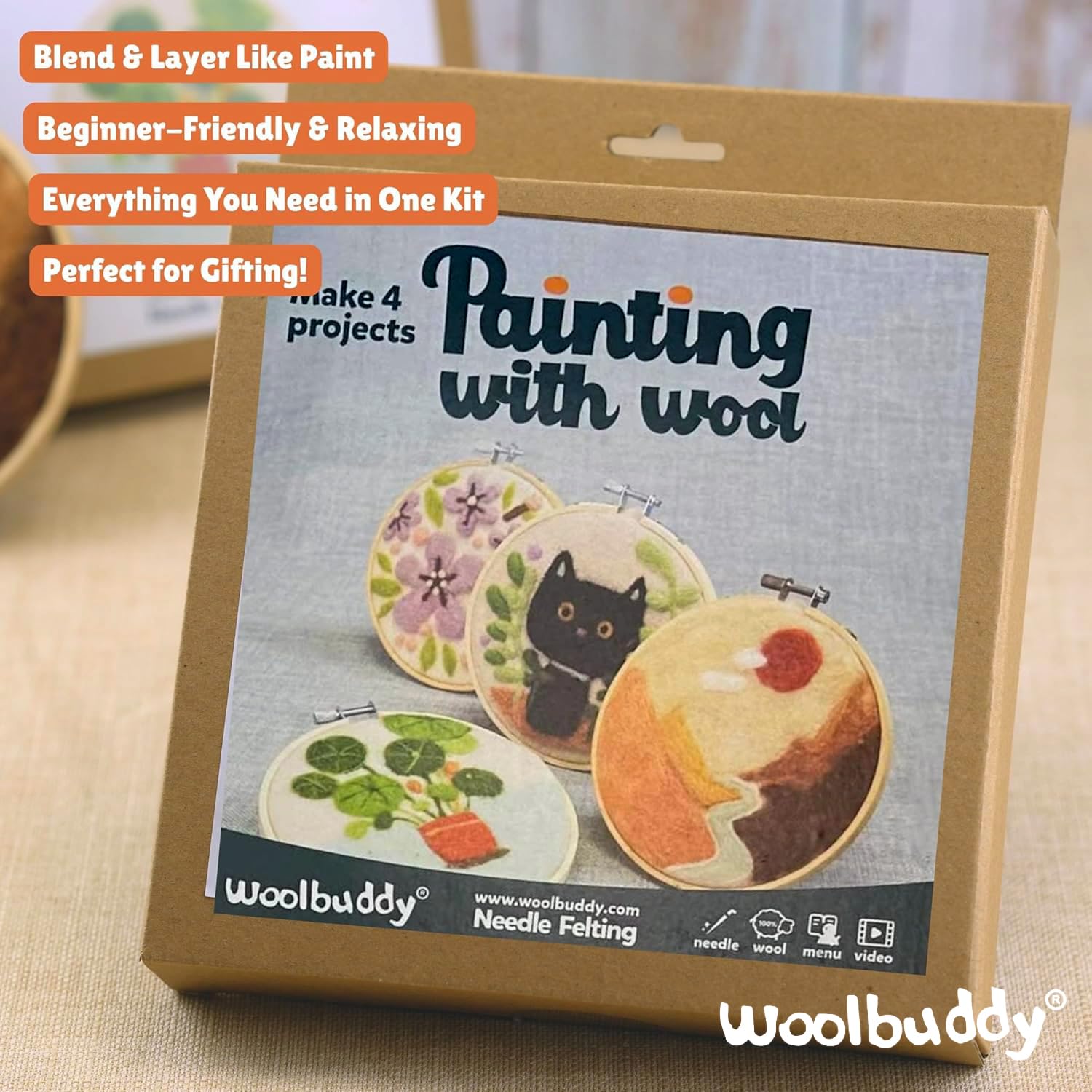 Woolbuddy Kits de iniciación de pintura con lana para manualidades creativas con 3 agujas de fieltro, espuma, fieltro de lana natural e instrucciones útiles (combinado)
