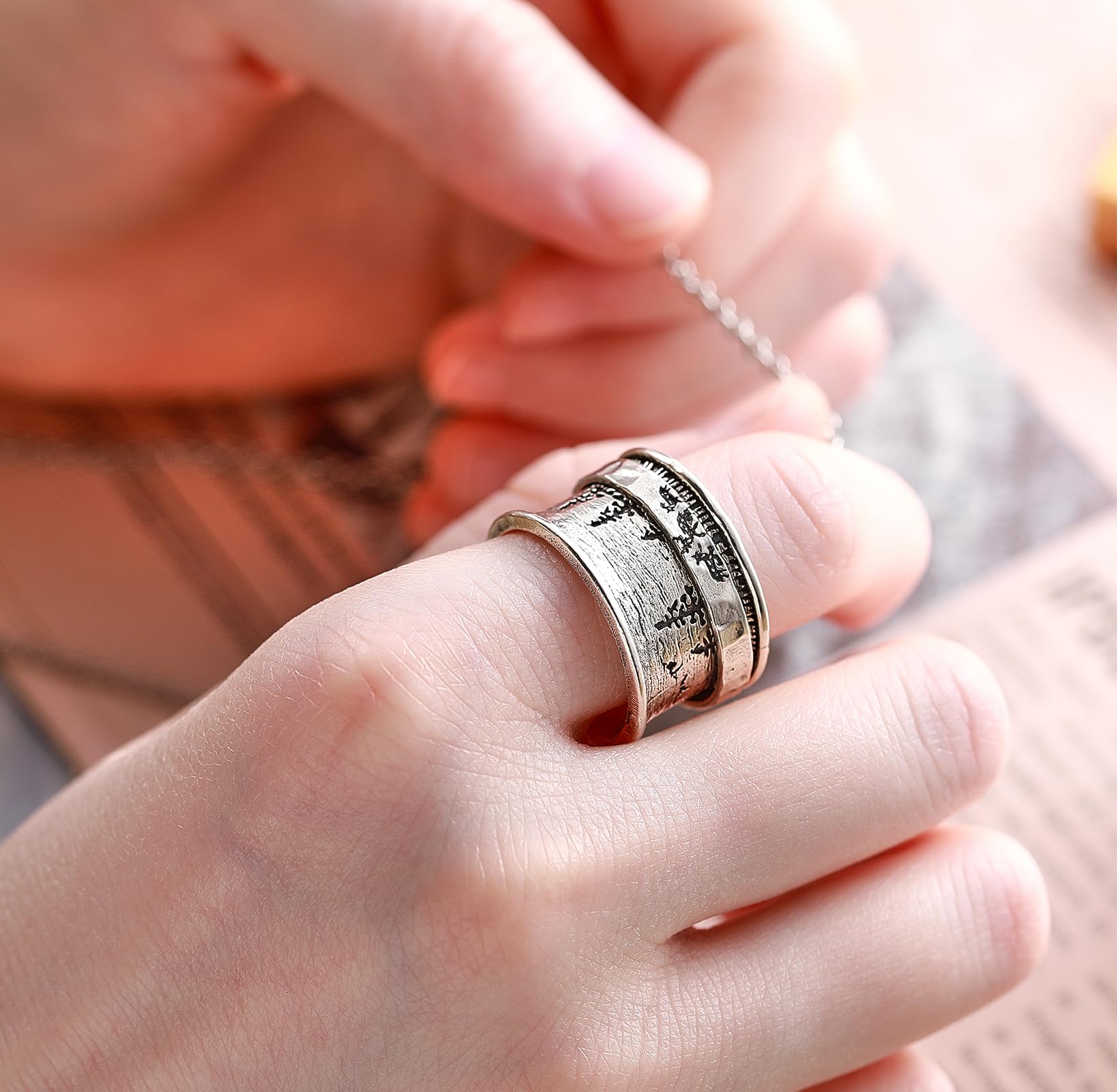 BONLAVIE Spinner Ring Damen, Lebensbaum/Drei Bären und Kiefern/Drei Hirsch und Kiefern Ring Silber 925, Breiter Band Ring, Anxiety Ring, Silberring 925 Damen, Vintage Ring Damen, Ringe Frauen
