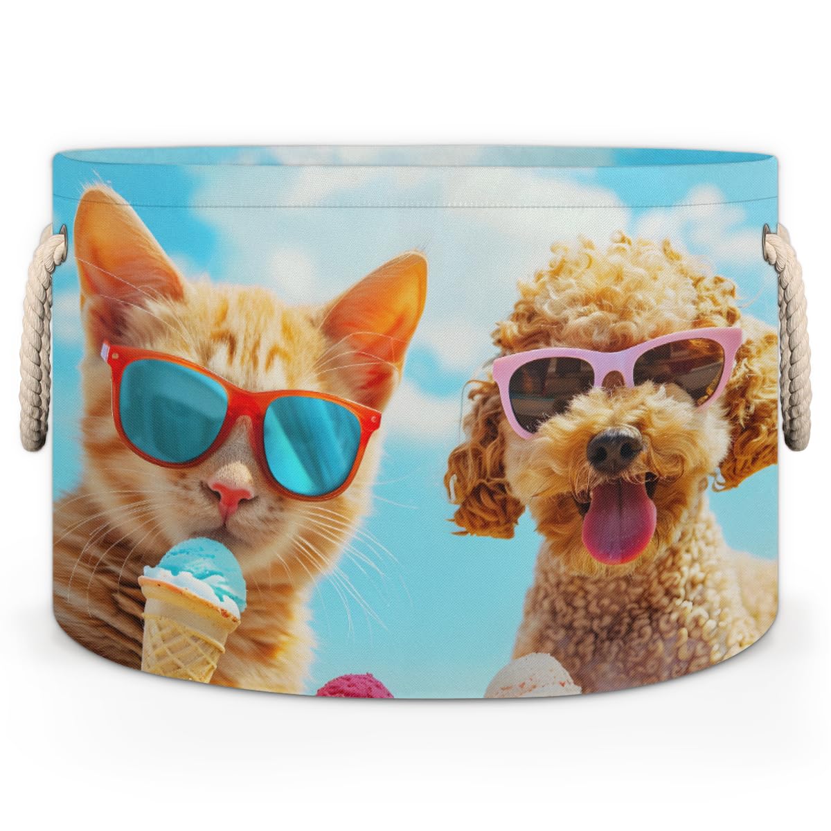 Large Collapsible Blanket Storage Basket for Gifts Empty, Ice Cream Animal Cats Dogs Puppy Round Fabric Laundry Hamper Basket, Baby Dog Toy Bins with Handle, Closet Organizer for Living Room(A-1786)