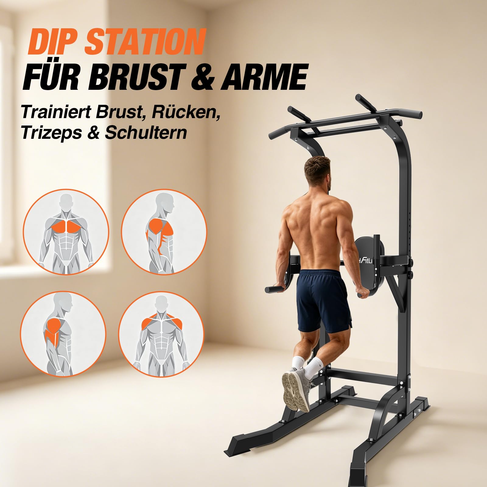 DH FitLife Power Tower Dip Station, Klimmzugstange freistehend bis 230 cm