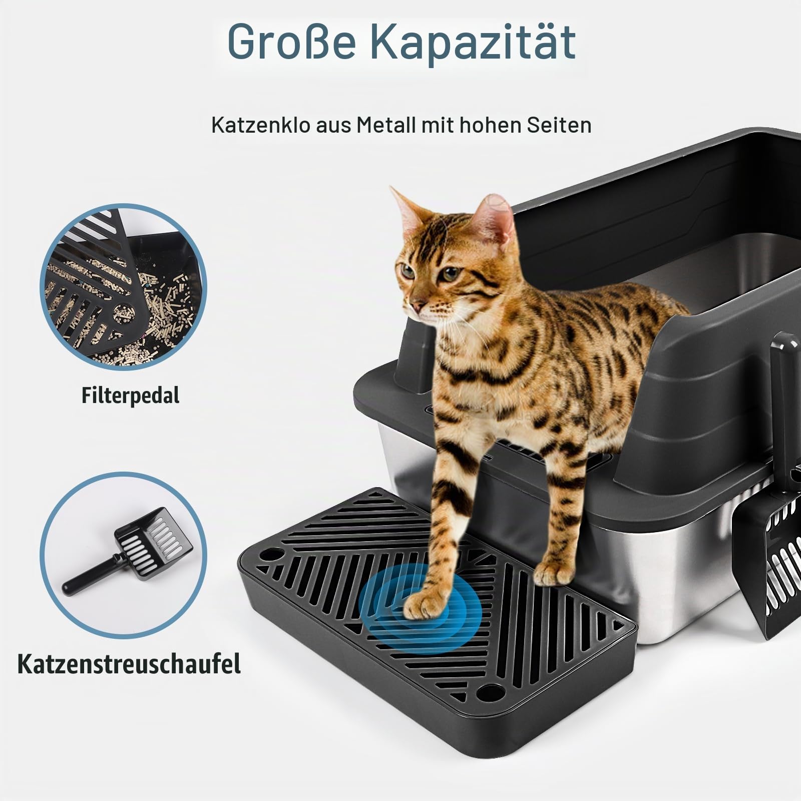 3 Pack Edelstahl Katzenklo, XL 22.9'' x 15'' x 10.3'' High Sided Metall Katzentoilette mit Schaufel, Filter Pedal für Anti-Splash, Nicht klebrig, leicht zu reinigen (Schwarz)