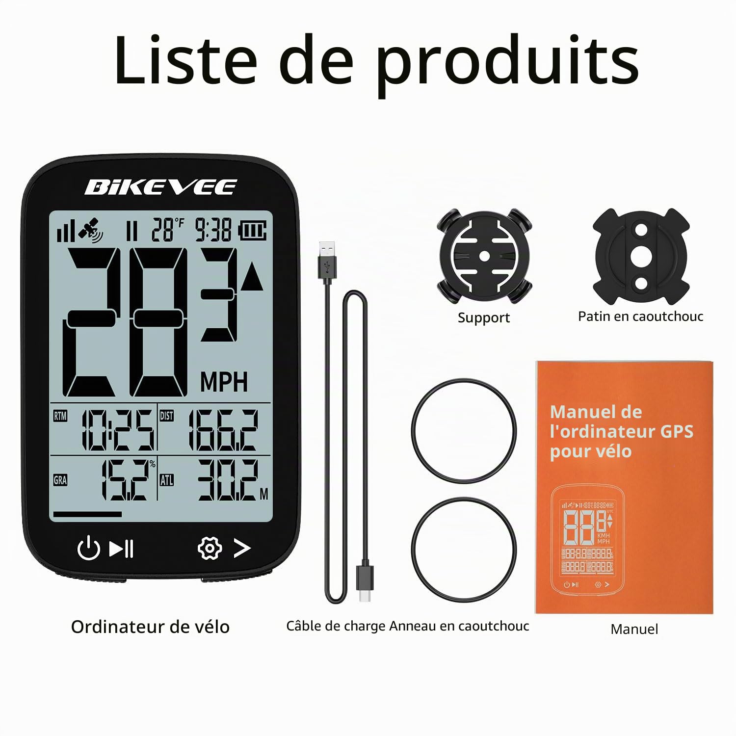 Ordinateur de vélo GPS sans fil étanche 2,4" FSTN écran IPX7 28 h d'autonomie léger compteur de vitesse avec vitesse, distance, hauteur, température dégradée