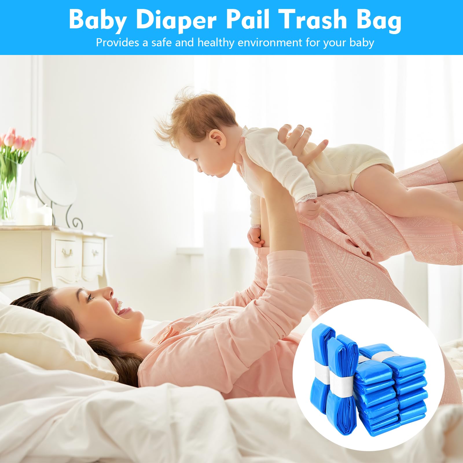 12 Recambios para Cubos de Pañales, 4.5m Recambio Contenedor Pañales, Barrera de Olor Súper Fuerte, Compatible con la mayoría de las papeleras, Azul claro