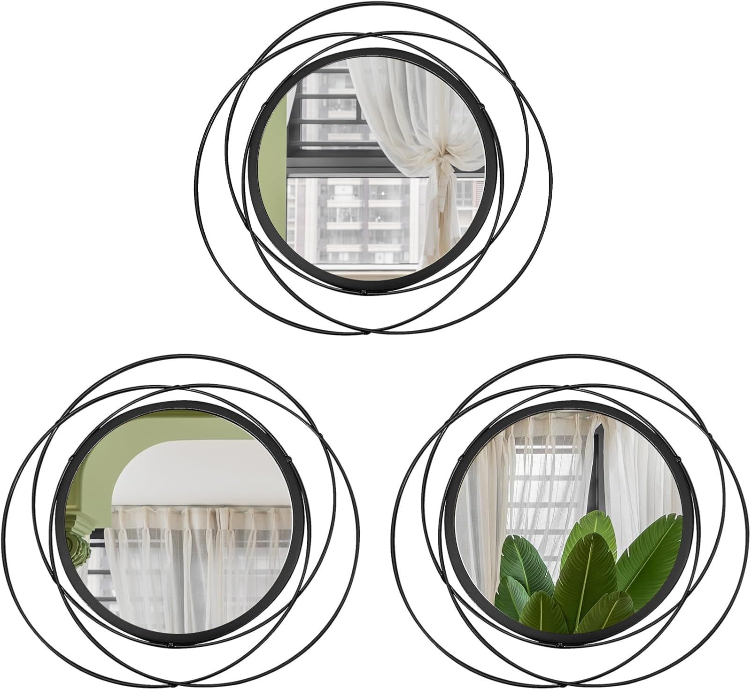 3 Set 13 inch Black Circle Mirrors Wall Decor Iron Frame Wire Mirror Metal Circular Mirror Home Decor Hanging Mirrors for Room/Bedroom/Bathroom/Entryway