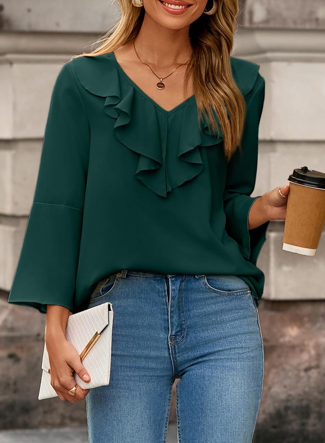 Dokotoo Womens Dressy Casual Blouses 3/4 Sleeve Spring Tops 2026 Ruffle V Neck Business Shirts - Image 3
