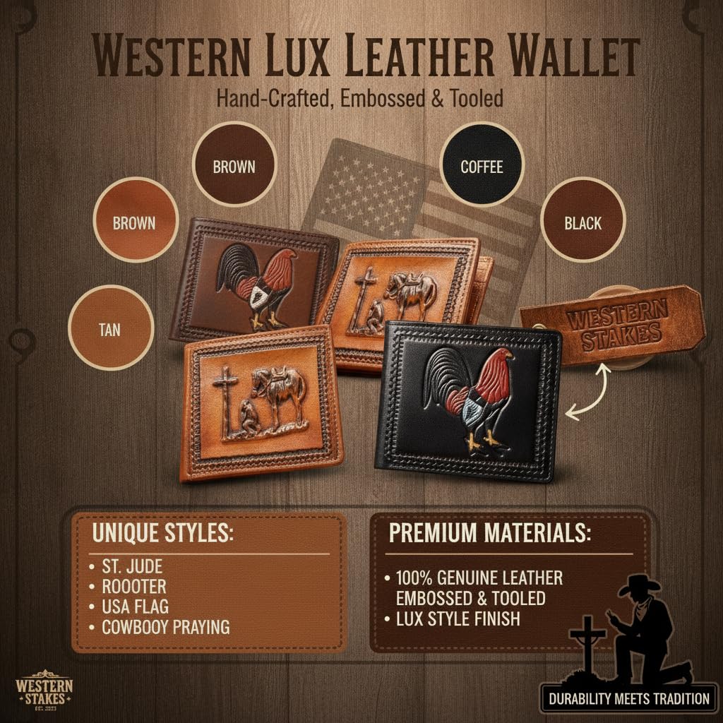 Cartera plegable de cuero occidental para hombre, piel auténtica con diseño de vaquero en relieve, gallo o San Judas, carteras delgadas de vaquero para hombre, Café, Cartera occidental