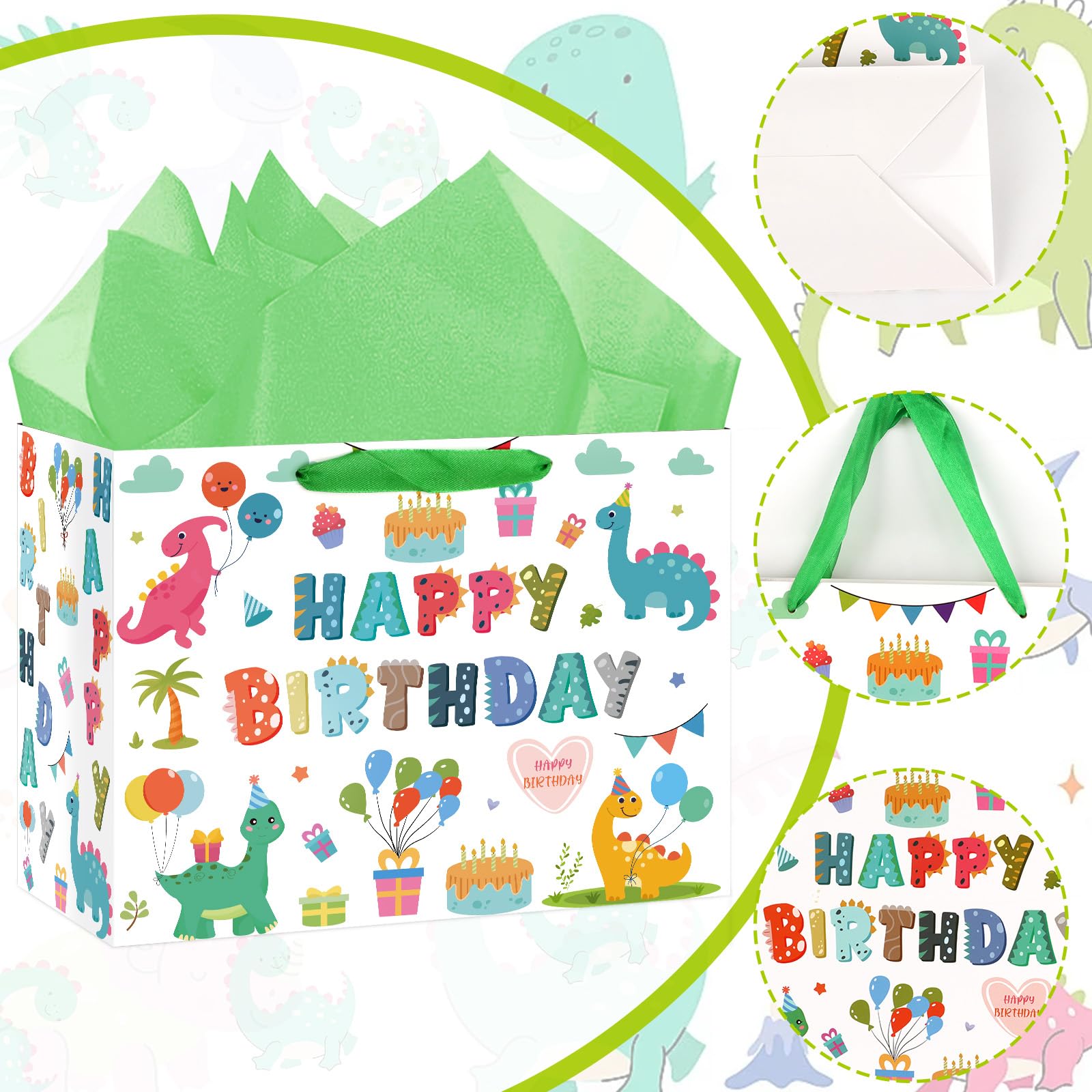 Hooqict Large Dinosaur Gift Bag Happy Birthday Gift Bag with Handles, Wrapping Tissue Paper and Greeting Cards for Kids Boys 1st 2nd 3rd Dinosaur Birthday Party Supplies Baby Showers