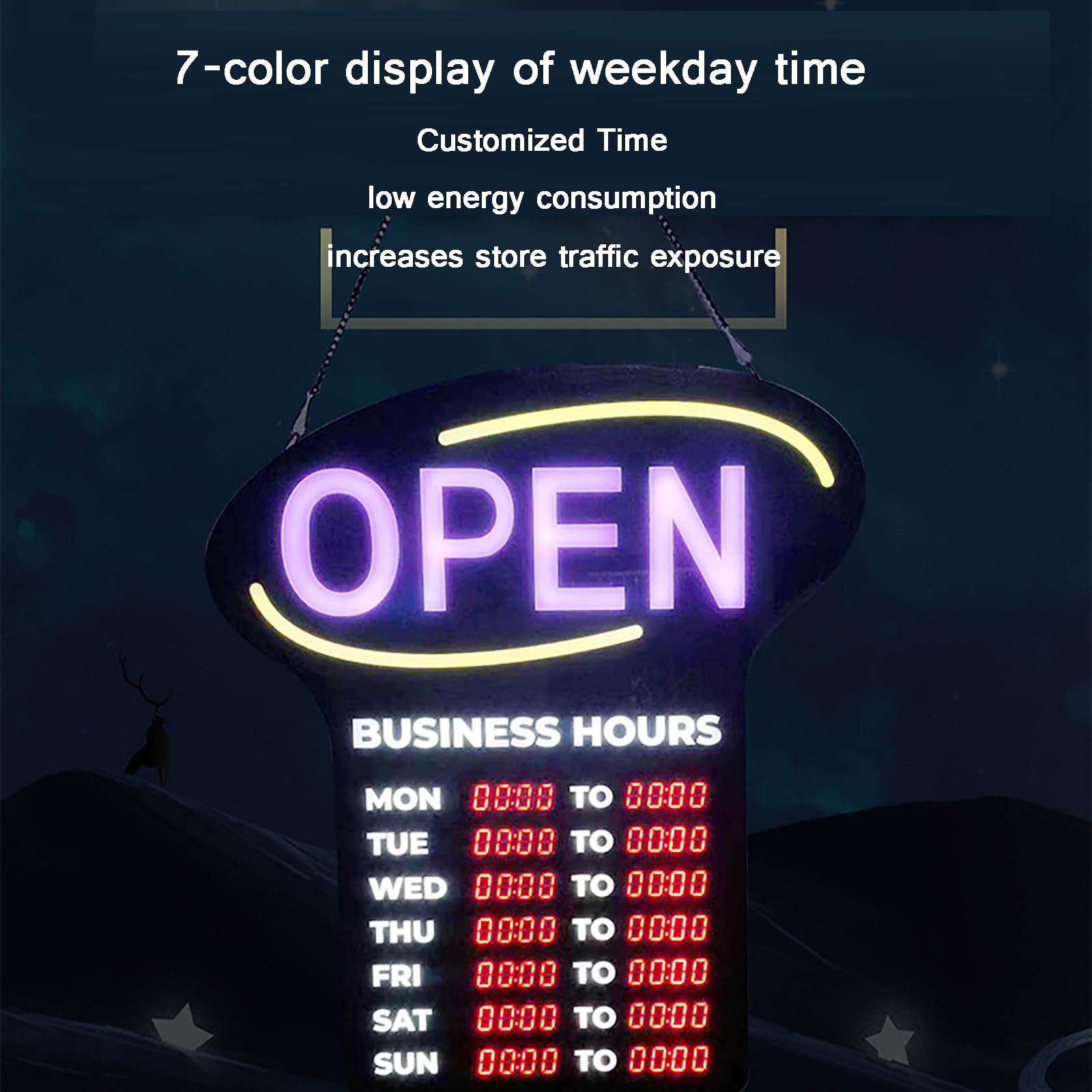 56 * 60 * 3cm Luz Letrero Abierto Eléctrico, Letrero Abierto LED con Semana Hora, Puede Establecer El Horario Comercial, 7 Modos Parpadeo Color, Bajo Consumo Energía, para Centros Comerciales