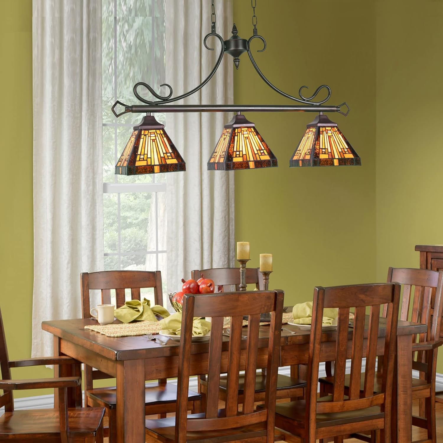 Capulina Tiffany Lamp Stained Glass Pendant Light 3-Light 33 Inches Wide Vintage Antique Style Chandelier Pendant Lighting Fixture for Rustic Farmhouse Kitchen Island Dining Room