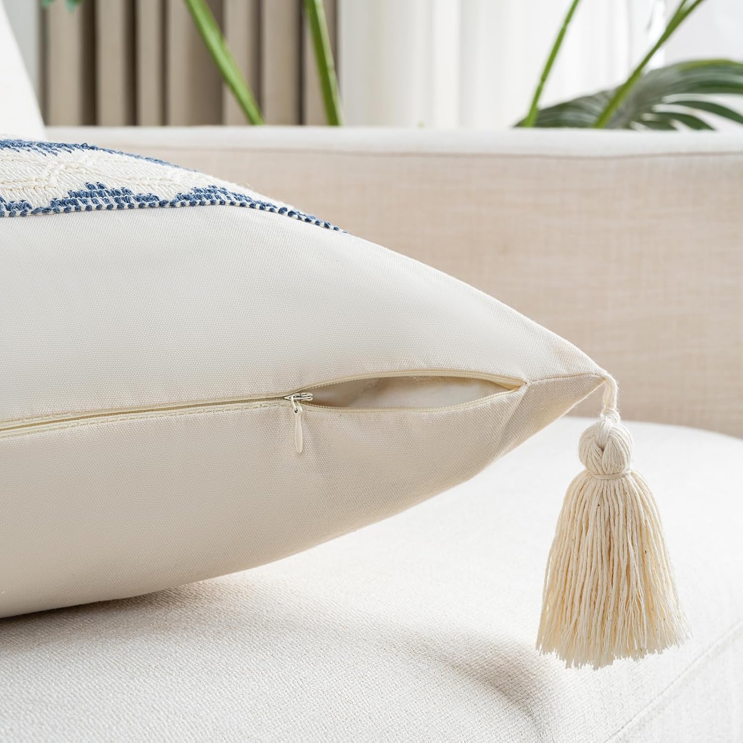 Fancy Homi Set of 2 Dusty Blue Vintage Lumbar Decorative Throw Pillow Cover 12x20 Inch for Couch Bed Sofa Chair Bedroom, Rustic Retro Square Cushion Case with Tassels, Coastal Boho Living Room Decor - Image 3