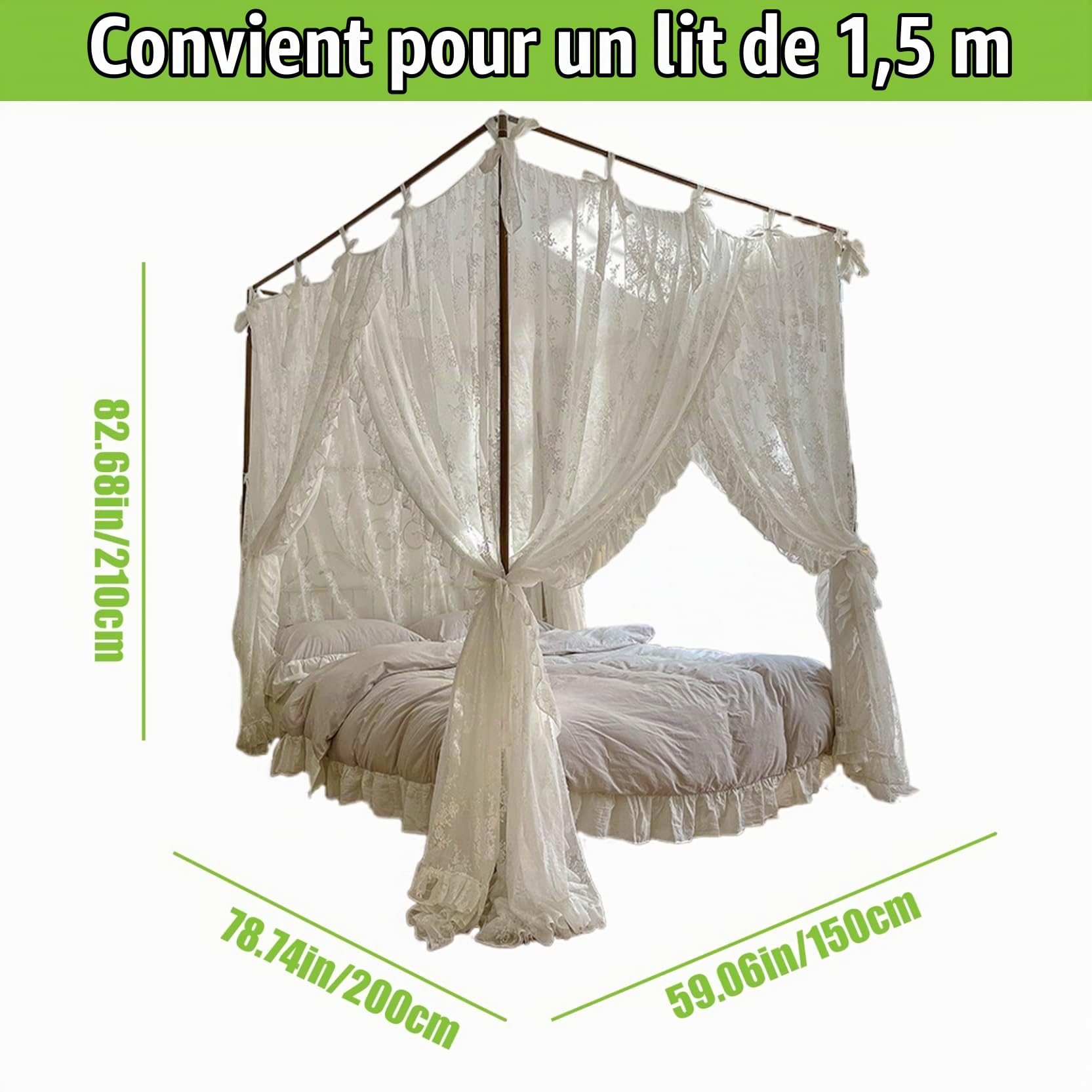 Rideaux de lit à baldaquin à Trois Ouvertures en Dentelle, Ciel de lit Princesse, 4 Coins, Rideaux Suspendus avec Attaches, Convient Une décoration Romantique Chambre Coucher 1, 5 m pou