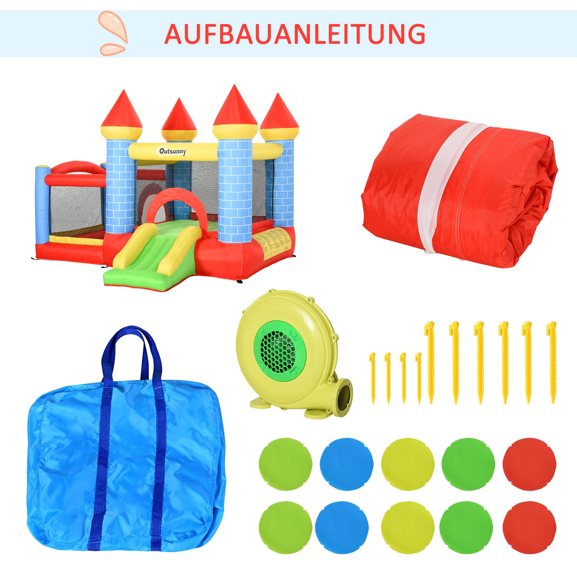 Outsunny Hüpfburg mit Gebläse Aufblasbare Kinderhüpfburg 280 x 260 x 210 cm | Für Kinder 3-8 Jahre, Spielburg mit Rutsche Basketballkorb Trampolin Pool Planschbecken, Spielplatz für Indoor und Outdoor