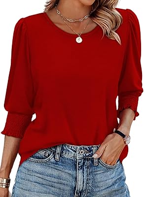 XIEERDUO 3/4 Length Sleeve Womens Tops Summer Blouses for Women Dressy Casual Womens Short Sleeve Tops Resort Wear Red M at Amazon Women’s Clothing store