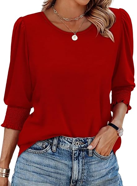 XIEERDUO 3/4 Length Sleeve Womens Tops Summer Blouses for Women Dressy Casual Womens Short Sleeve Tops Resort Wear Red M at Amazon Women’s Clothing store