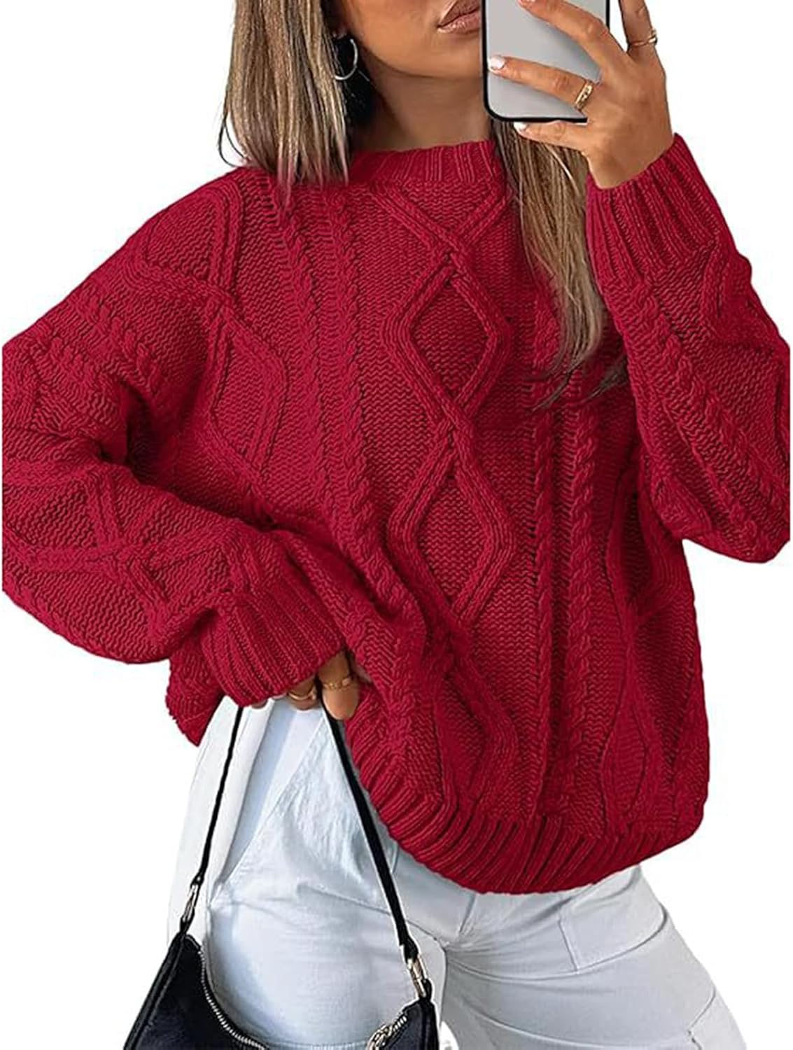 Cable Knit Sweaters for Women Long Sleeve Crewneck Oversized Chunky Pullover Tops Dressy Casual Loose Trendy Outfits
