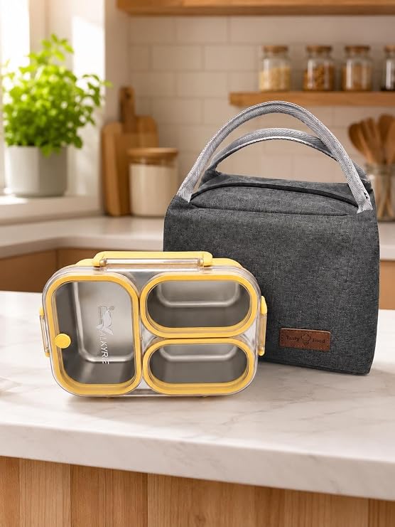 Valkyrie 304 Paslanmaz Çelik 3 Bölmeli Sarı Lunch Box Termal Çantalı – Sızdırmaz Kapaklı Beslenme Kabı,