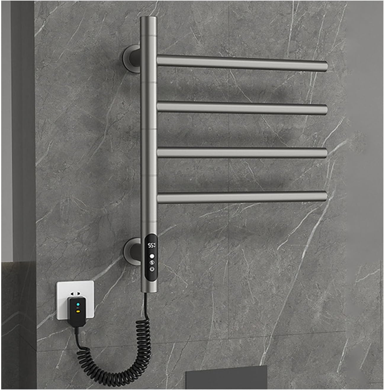 A Gray,4 rods,Stainless Steel Rack for Bathroom,Electric Towel Drying Rack Rotating with Timer,Wall Mounted Heated Towel Rack Plug in