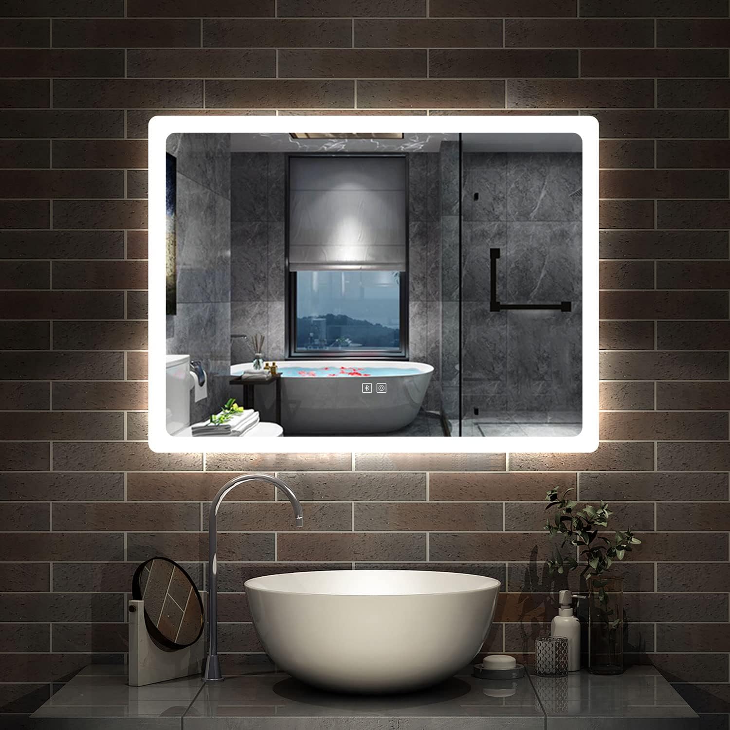 Bathroom Wall Mirror with 3 LED Lights, Bluetooth Speakers 800x600 MM
