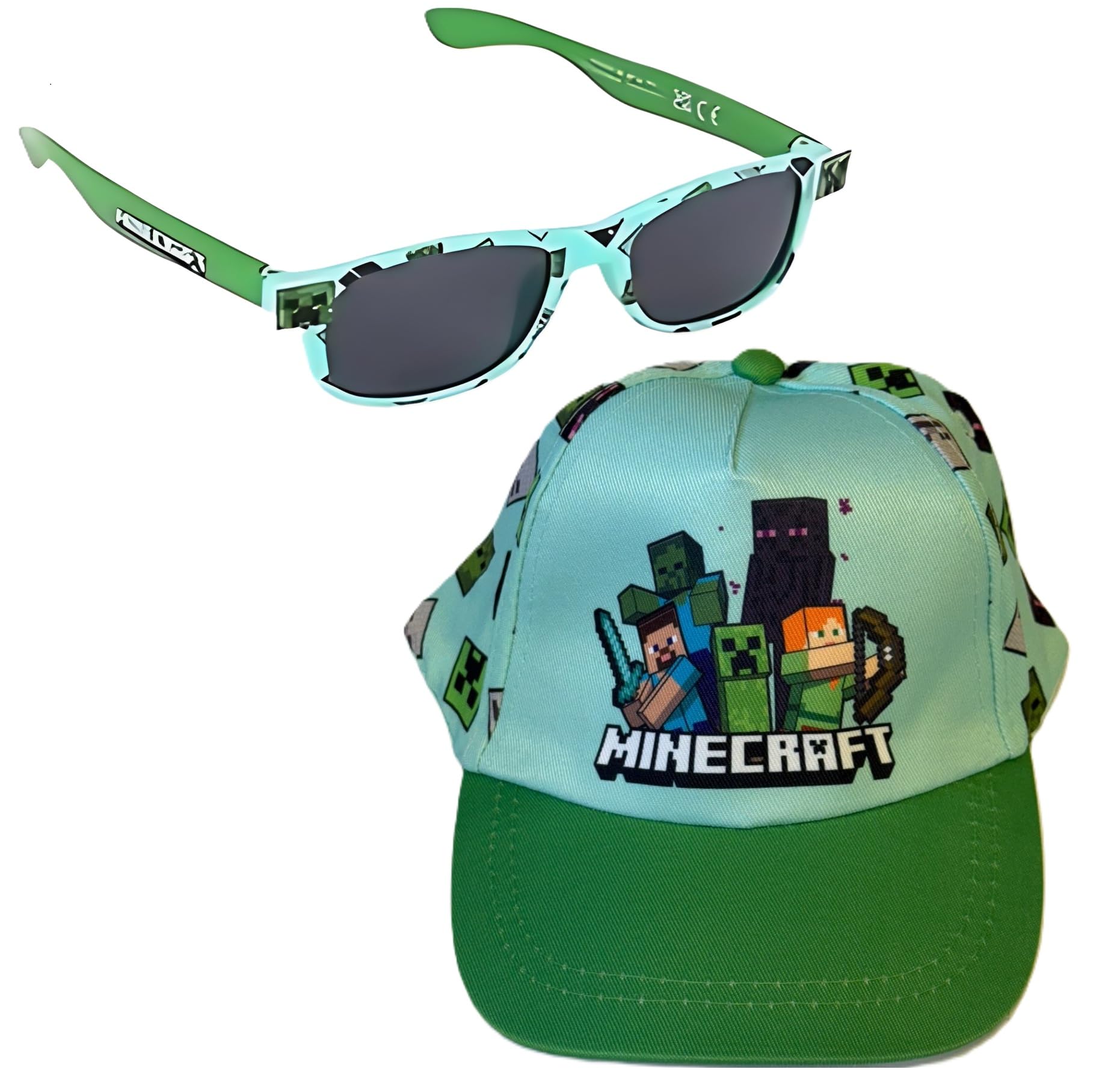 Toys & Gamers Czapka Minecraft i bezpłatny zestaw okularów przeciwsłonecznych, jasnoniebieski i zielony, akcesoria postaci dla dzieci