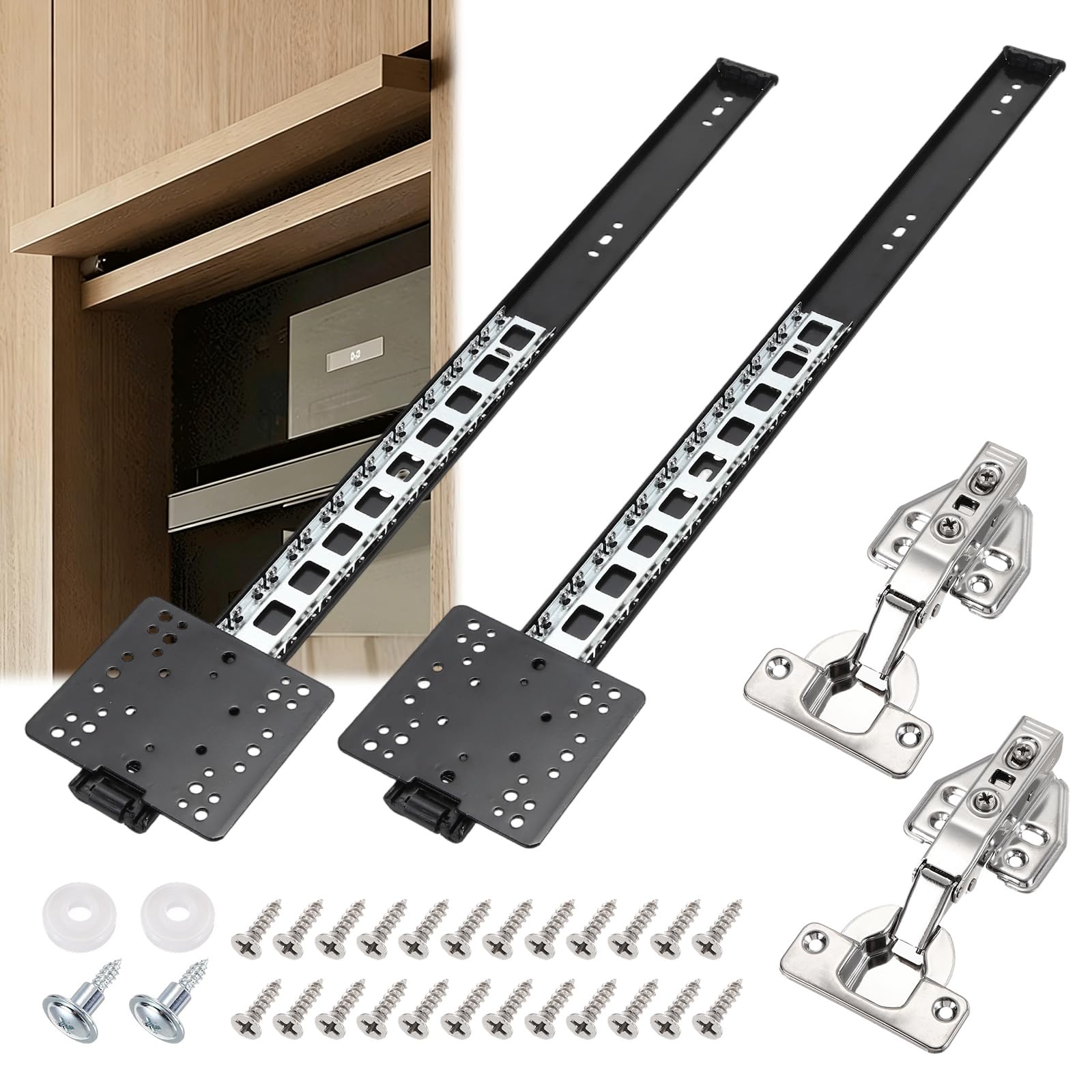 DTGN 22 Inch Pocket Door Slide Pocket Door Hardware Kit- 2 Set - for 18-20mm Think Inset Cabinet Wardrobe - Soft Close Silent Retractable System W/Hinges & Screws 14kg/30.9lb - Black