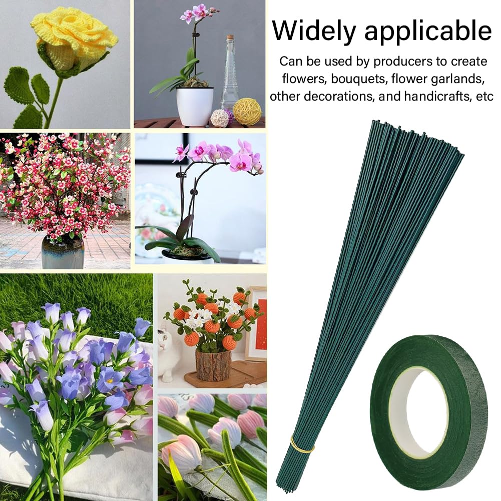 150 Pcs 18 Gauge Green Paper Covered Floral Wire Stems with Tape, Artificial Flower Making, for Crafts, Wreaths, Flower Arrangements and DIY Projects