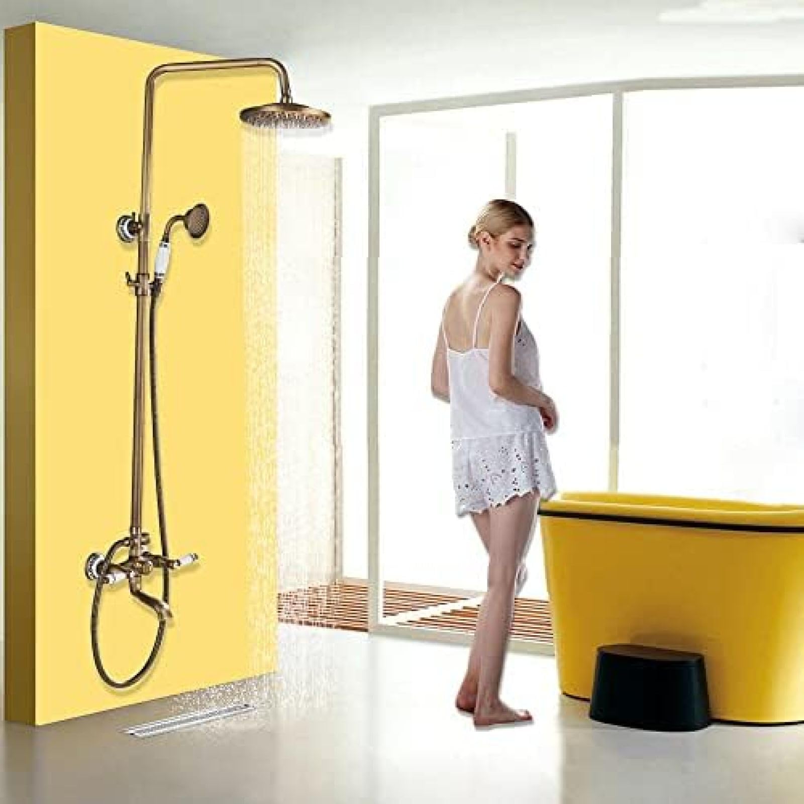 GLJTUO Wall Mounted Shower Faucet Set 8 Inch Rainfall Head Handheld Shower Bath Filler Hot and Cold Water Mixing Faucet-Oil Rubbed Bronze B,Antique Brass A,Antique Brass B
