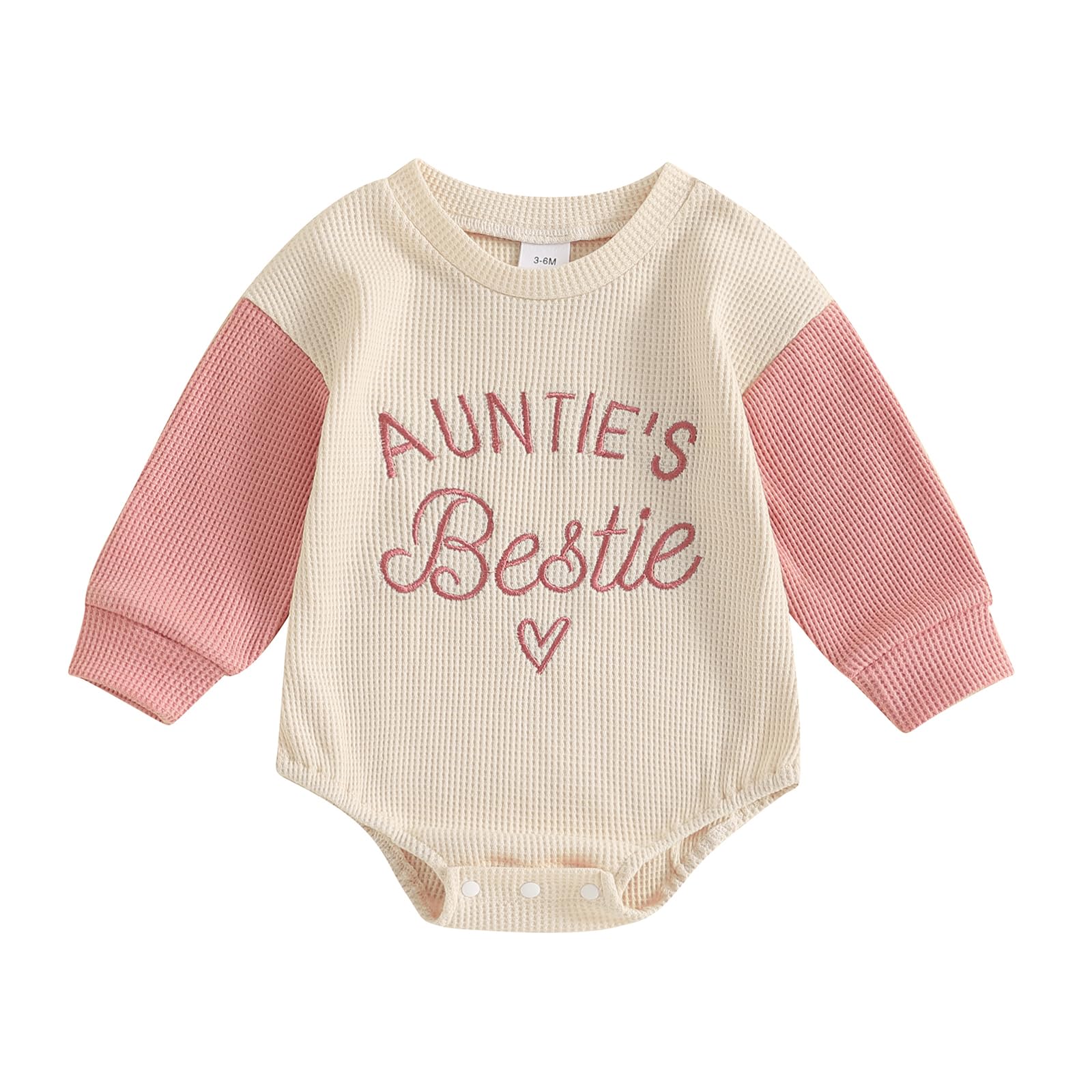Honganda Newborn Baby Girl Auntie's Bestie Romper Long Sleeve Letters Embroidery Waffle Bodysuit Onesie Fall Winter Outfit