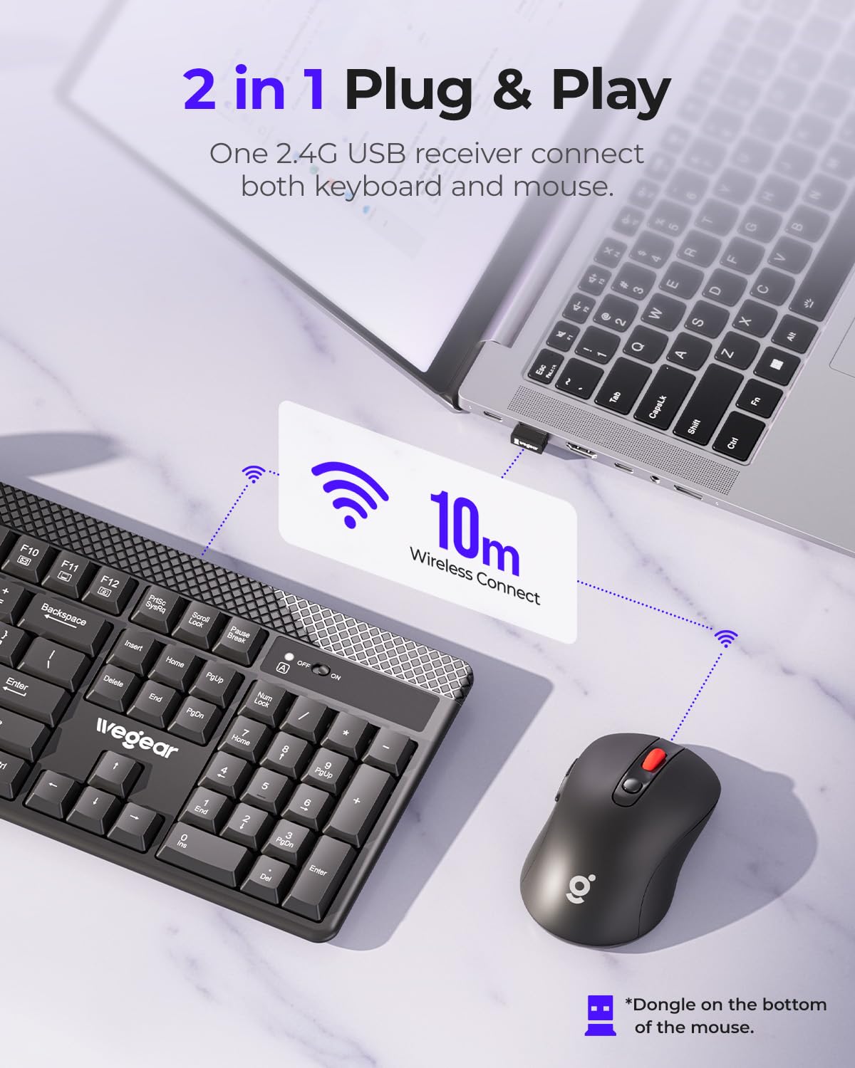 Wireless Keyboard and Mouse Combo, 5-Level Adjustable 4000 DPI Mouse, Quiet 2.4G Full Size Keyboard with 8 Additional Shortcuts, Silent Typewriter for PC, Desktop, Laptop, MacBook