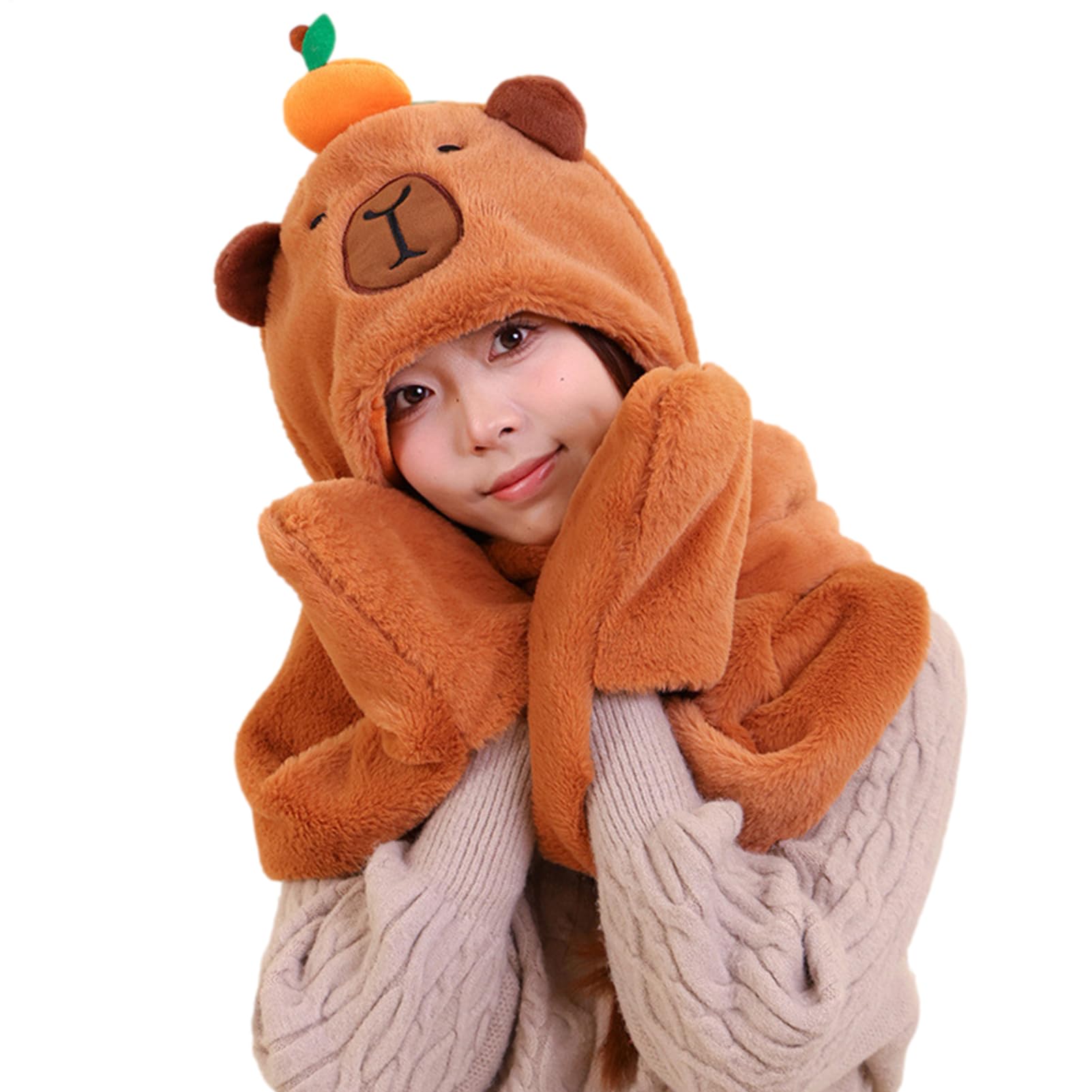 Gorro de Capibara 3 en 1 con bufanda y mitones para invierno de mujer 8