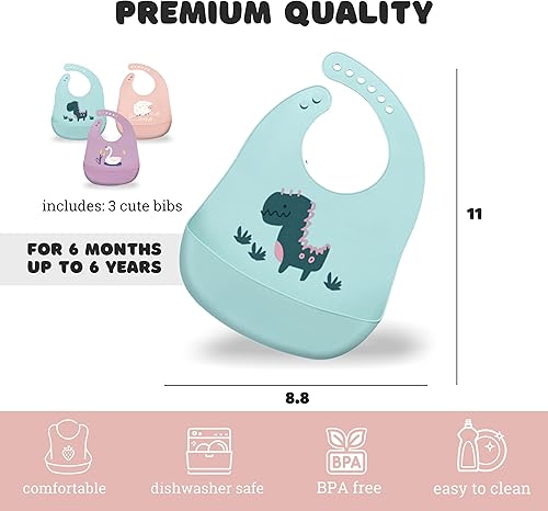 Miniatura 3 de Baberos de silicona para bebés con recogedor de alimentos (juego de 3) Plástico libre de BPA, babero duradero y ajustable Baberos de silicona para