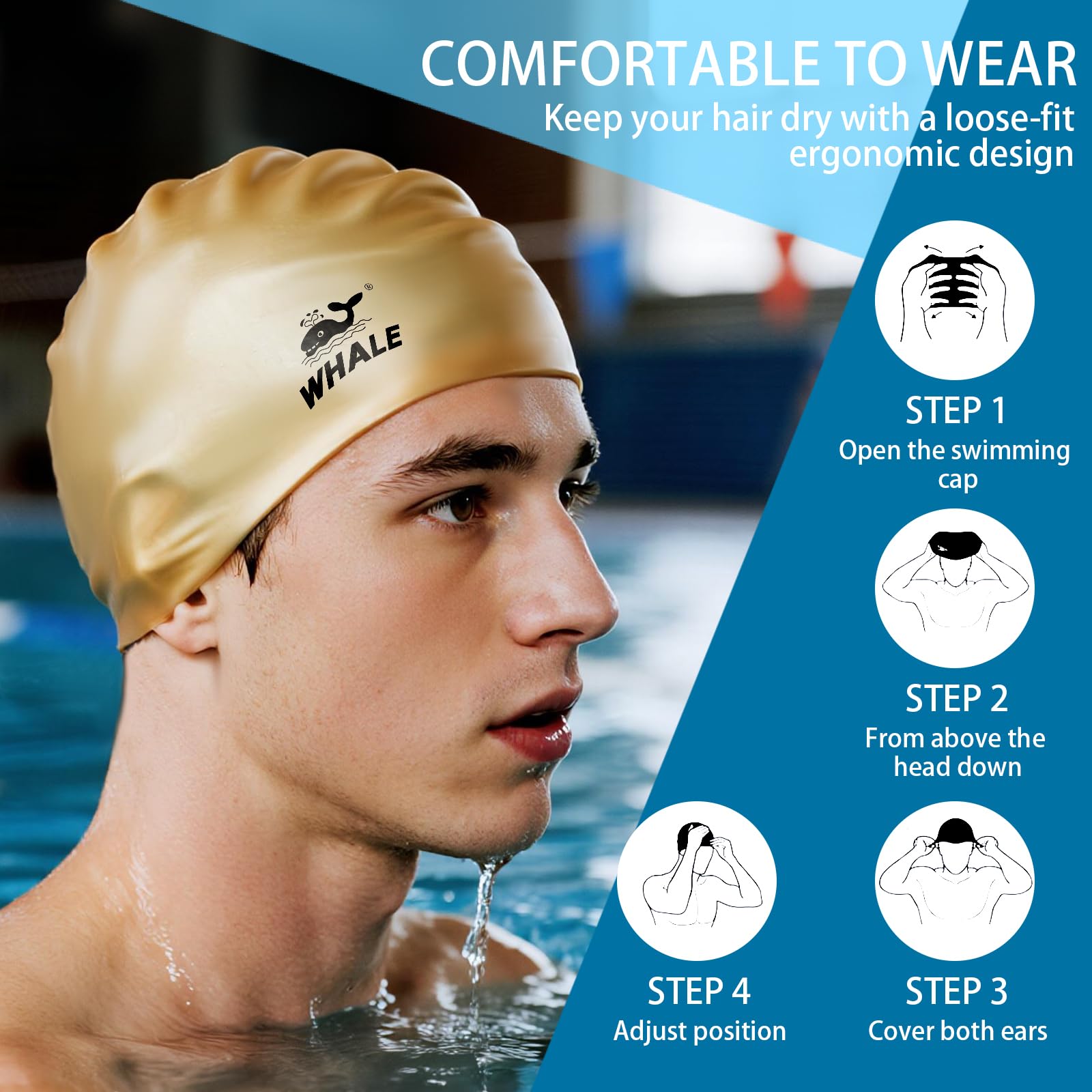 WHALE Bonnet de bain en silicone imperméable, avec protection des oreilles, antidérapant, haute élasticité, garde les cheveux au sec, unisexe, grande taille, convient aux cheveux longs, bouclés et