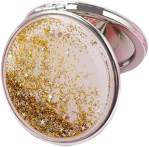 HSYHERE Creative Quicksand Moving Sand Mini espejo de maquillaje compacto - Espejo de bolsillo de viaje plegable portátil de doble cara Dorado