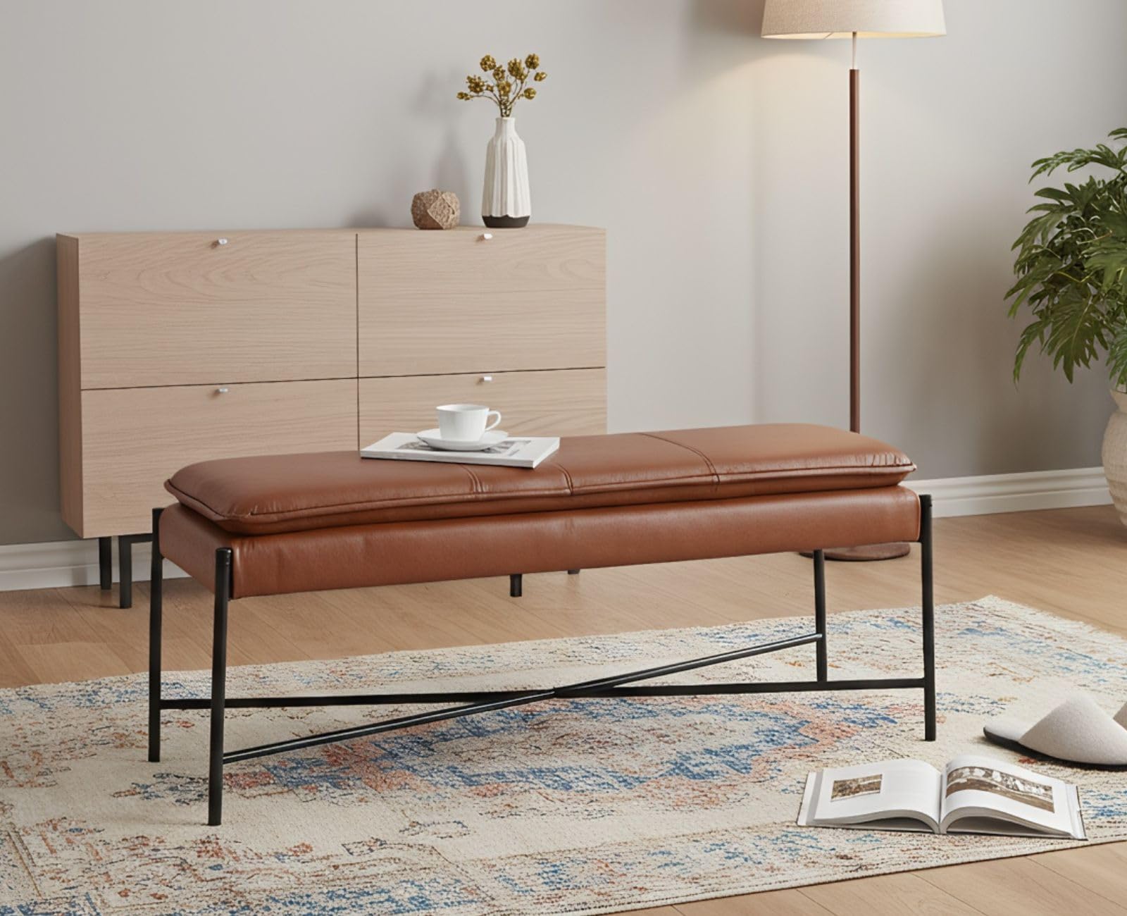 chairus Banc Entrée en Cuir PU, Bout de Lit avec Pieds en Métal, Banc Ottoman pour Chambre Salon Couloir, Marron