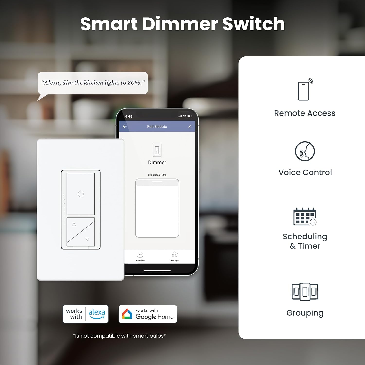 Diagram showing the buttons and indicators on the Feit Electric Smart Dimmer Switch