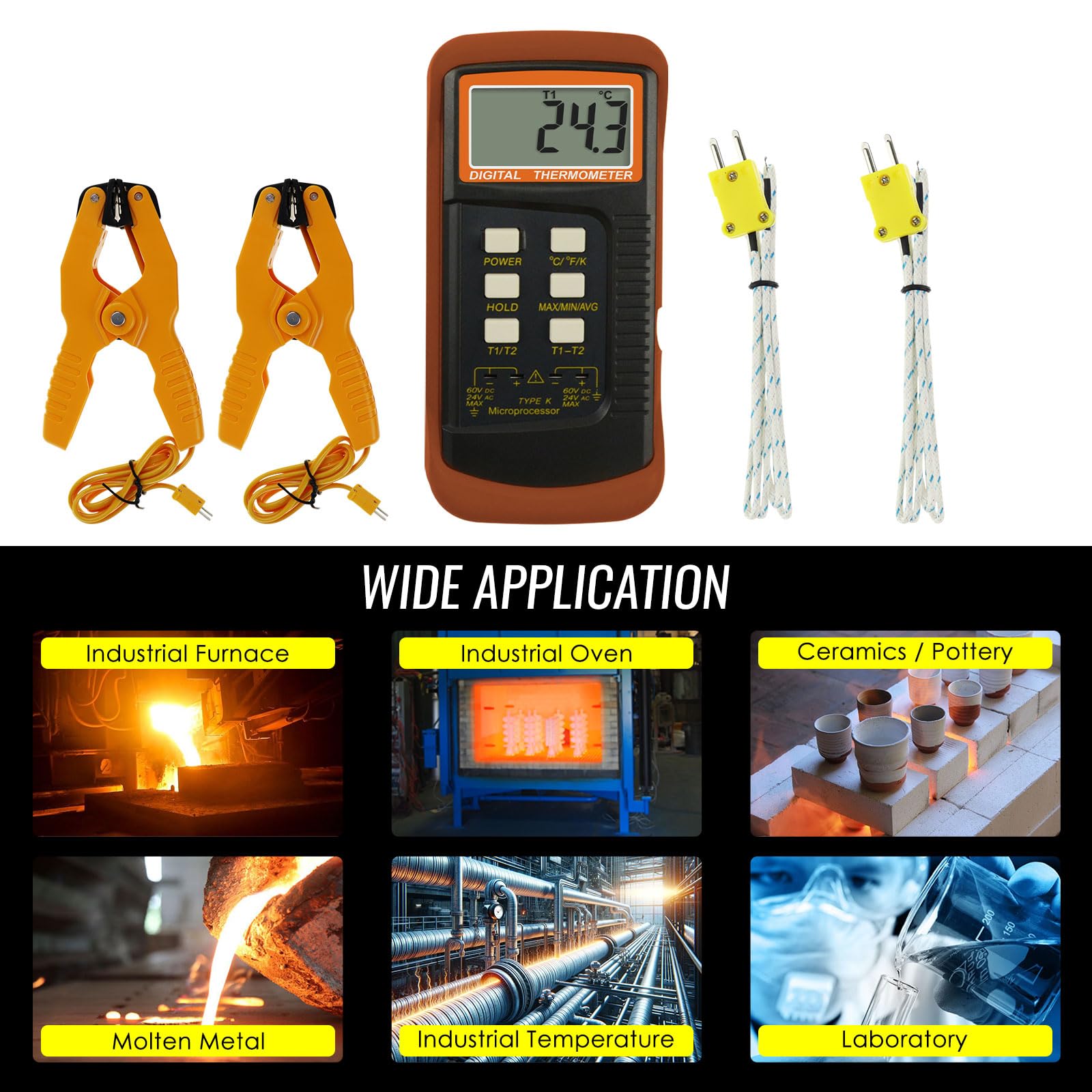 Termómetro digital de dos canales K (-50~1300 °C) Pinzas de temperatura y sondas cableadas, medidor de alta precisión Kelvin