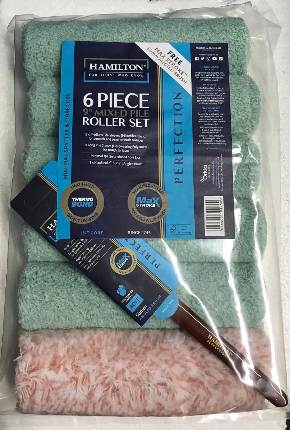 6 x Hamilton Perfection Paint Roller Sleeves 9" x 1.75" & Free Angled Brush (1541906-301)
