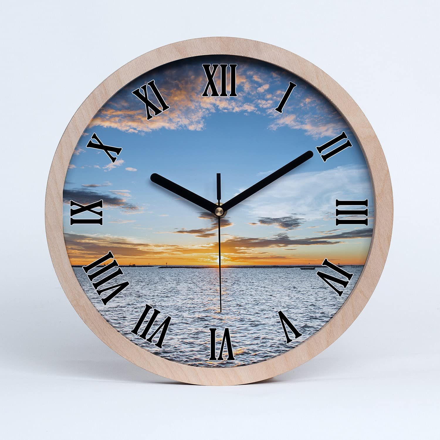 Tulup Reloj de Pared De Cuarzo ⌀ 30cm Decoración De Madera Moderno Silencioso Relojes Manecillas Negro - Crepúsculo en el mar