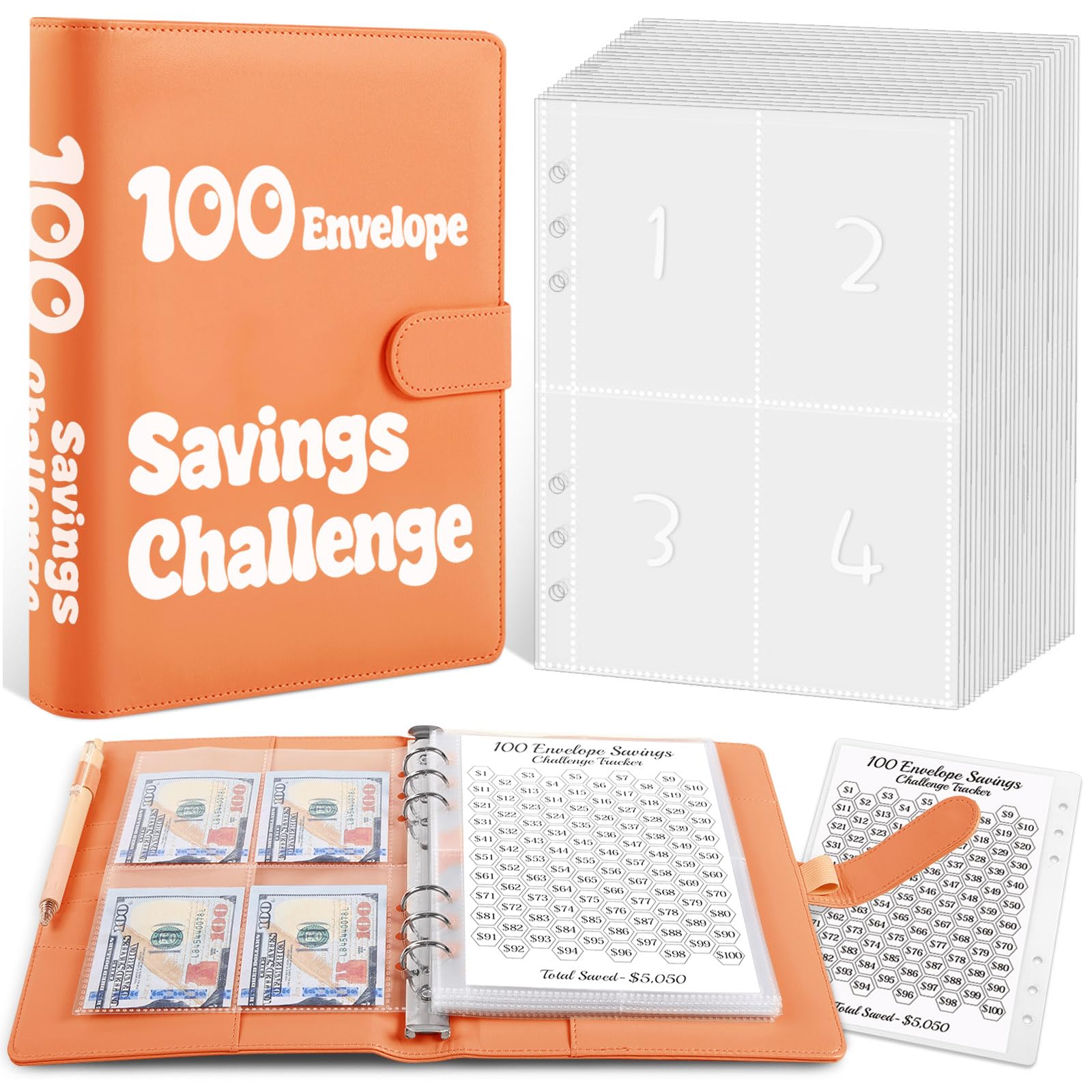 Zuozee 100 Envelopes Money Saving Challenge Binder, A5 Savings Binder for Planning and Saving $5050, Budget Binder with 25 Cash Envelopes and 3