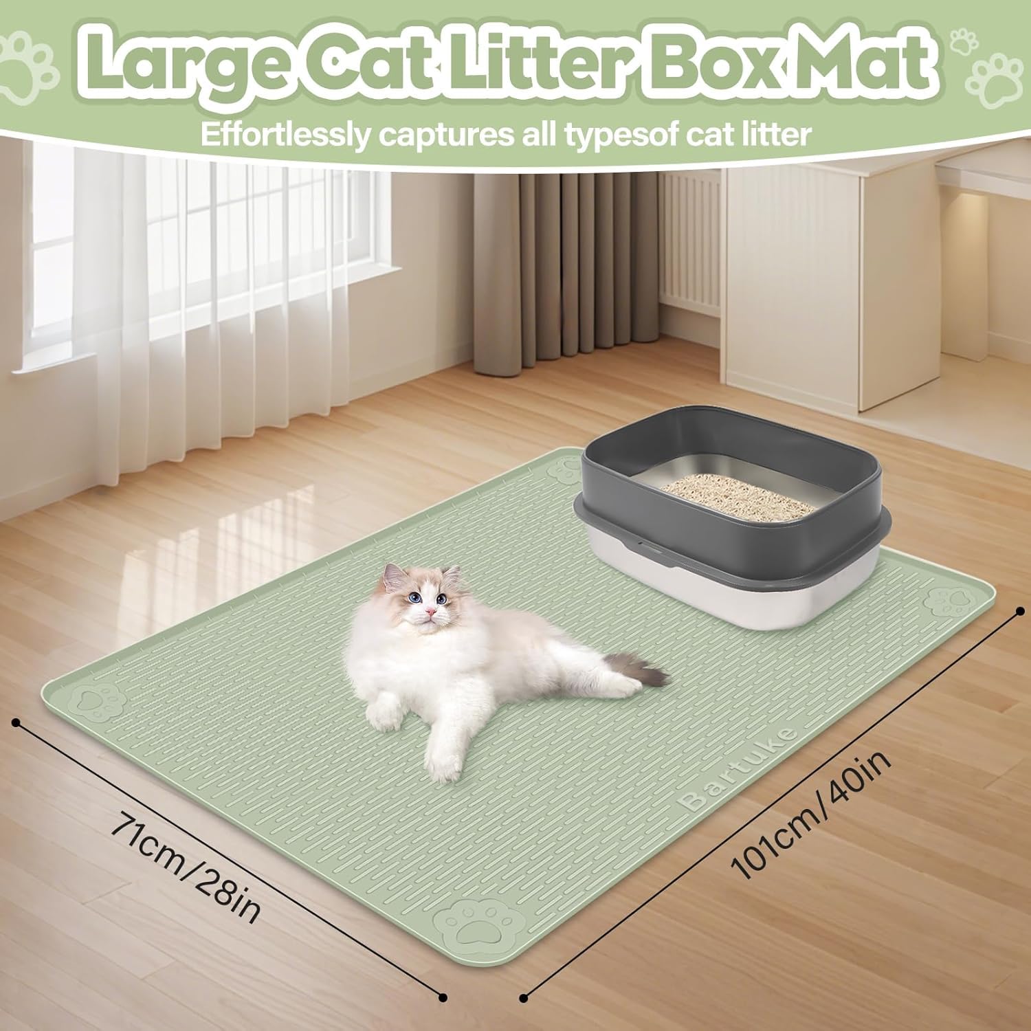 Tappetino per Lettiera Kalolary - Extra Large 101 x 71 cm Tappetino in Silicone per Gatti, Antispargimento, Morbido sulle Zampe, Impermeabile e Facile da Pulire (Verde (101 x 71 cm))
