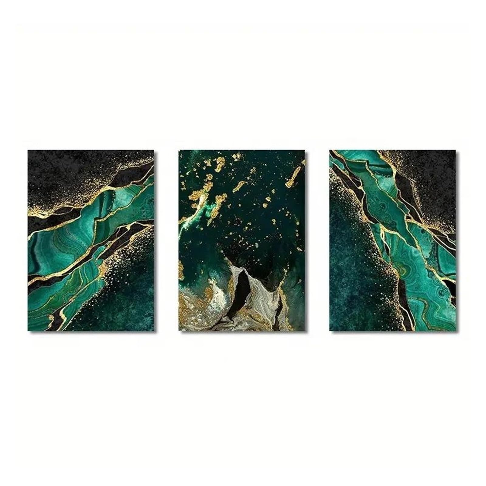Impression sur toile peinture 3 pièces XENITE triptyque moderne abstrait vert et or 30x40cm