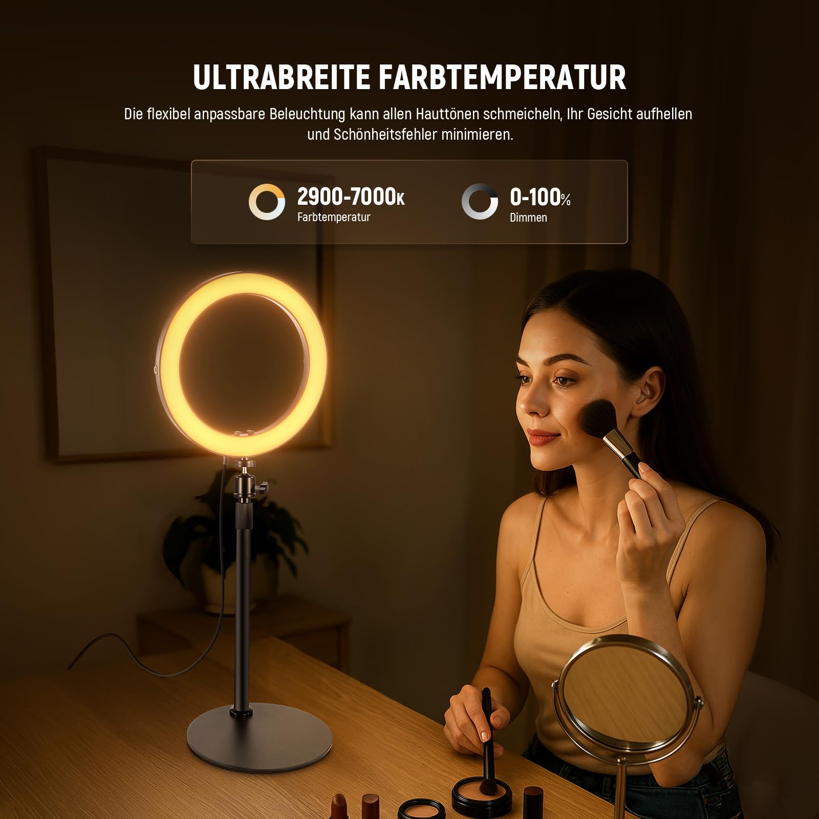 NEEWER 10" 20W LED Ringlicht mit Schreibtischständer Telefonhalterung kompatibel mit iPhone Laptop zweifarbig 2900K – 7000K USB C PD Eingang CRI97+ 1660LX/0,5m Selfie Make up TikTok Videolicht RH10B